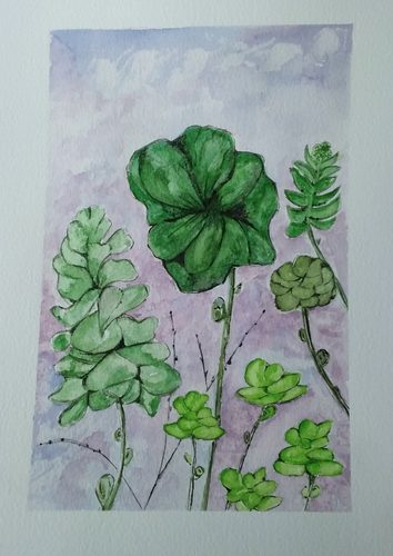 Lynne, blown sprouts in veg patch watercolour.
